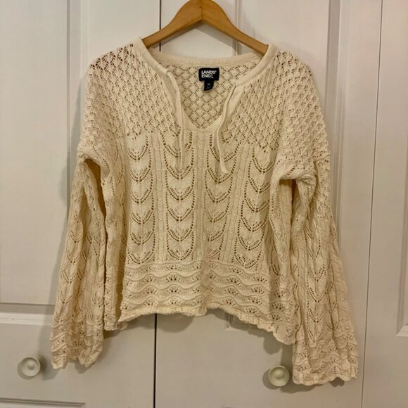 Lands’ End Ivory Pointelle Notch Neck Long Sleeve Sweater Medium - Picture 2 of 11
